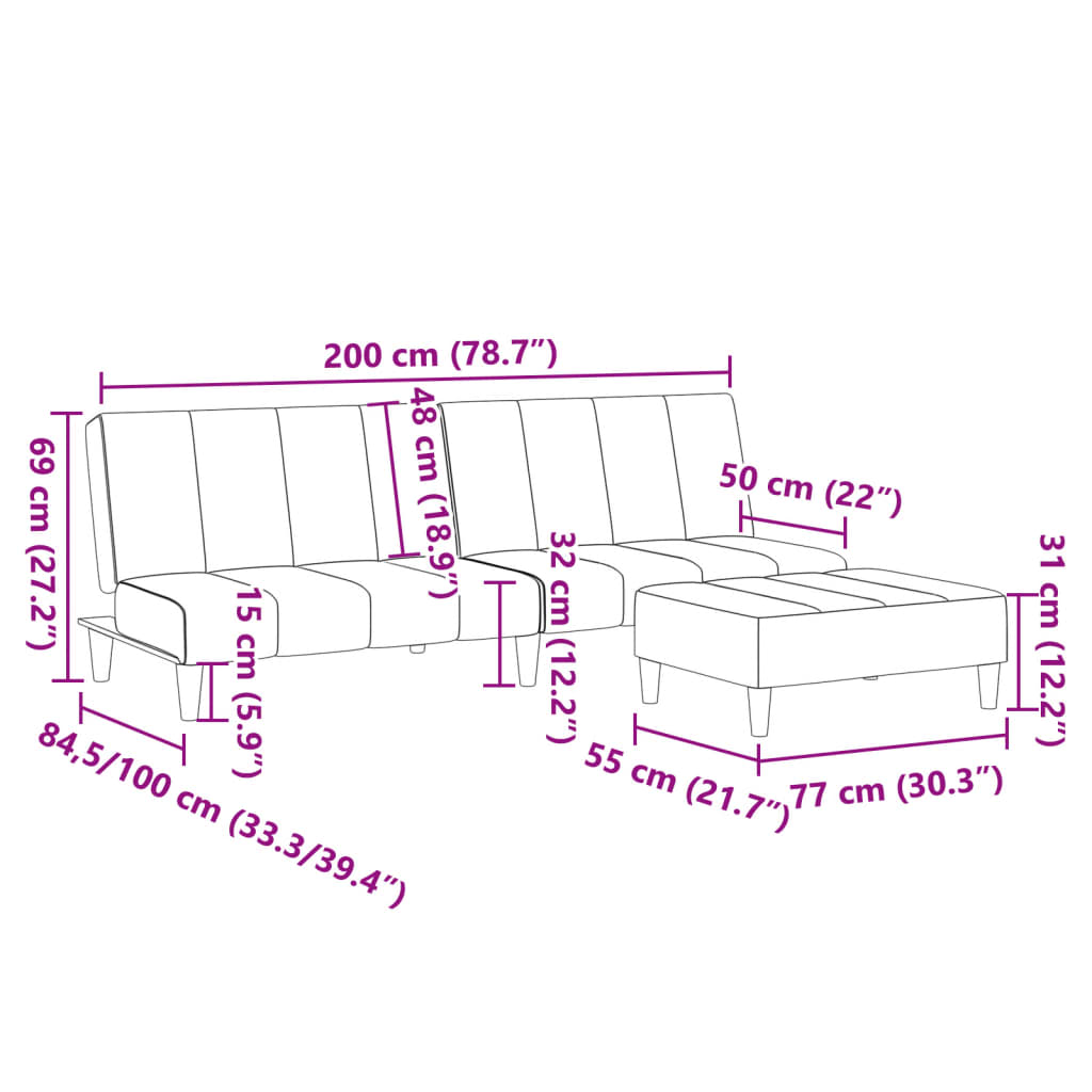 Bäddsoffa 2-sits med fotpall ljusgrå tyg