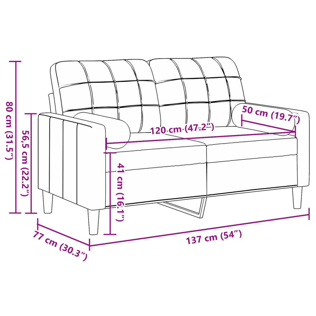 2-sitssoffa med prydnadskuddar vinröd 120 cm sammet