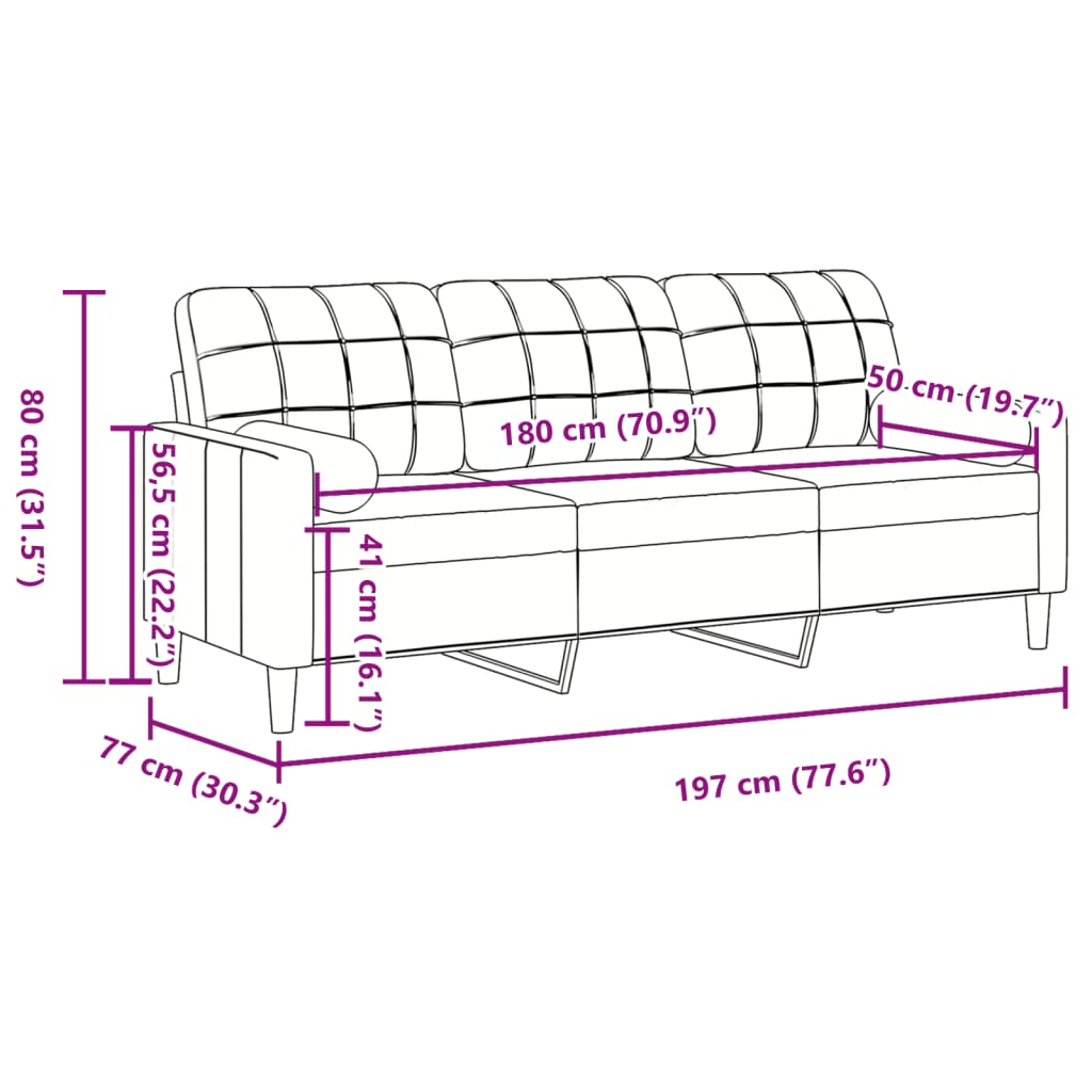 3-sitssoffa med prydnadskuddar rosa 180 cm sammet