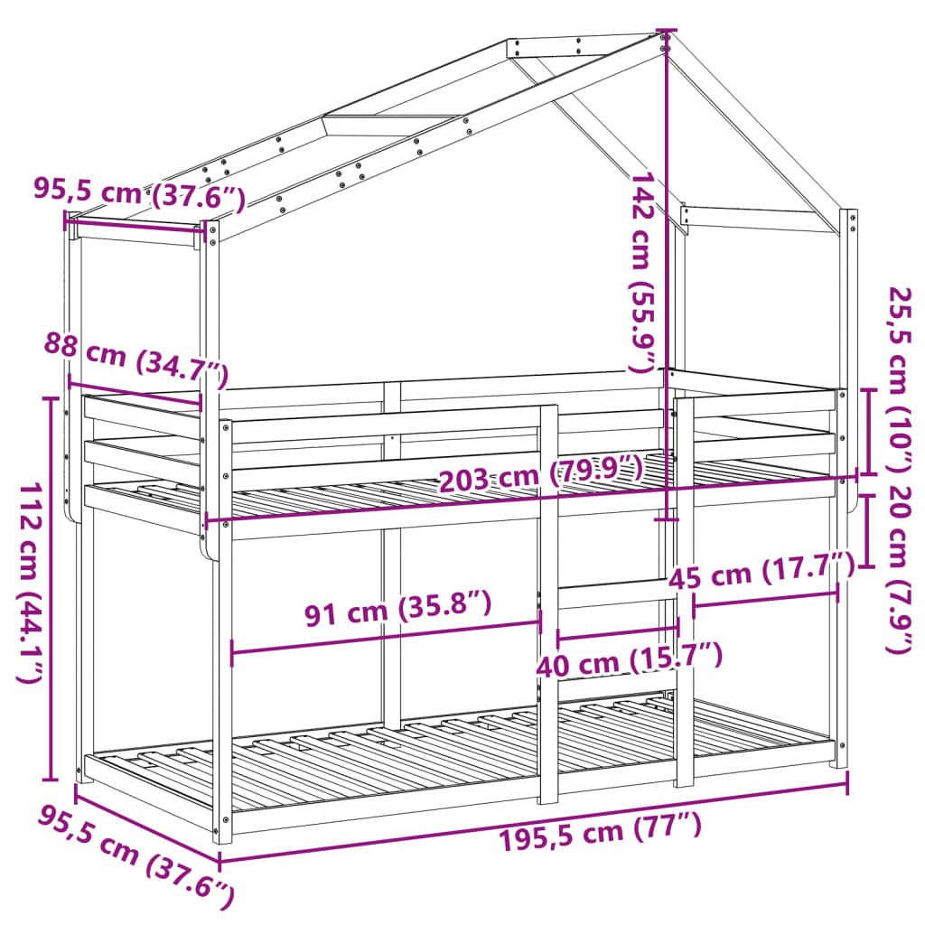 Våningssäng med tak vaxad brun 90x190 cm massiv furu