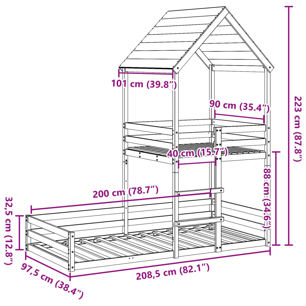 Våningssäng utan madrass 90x200 cm massiv furu