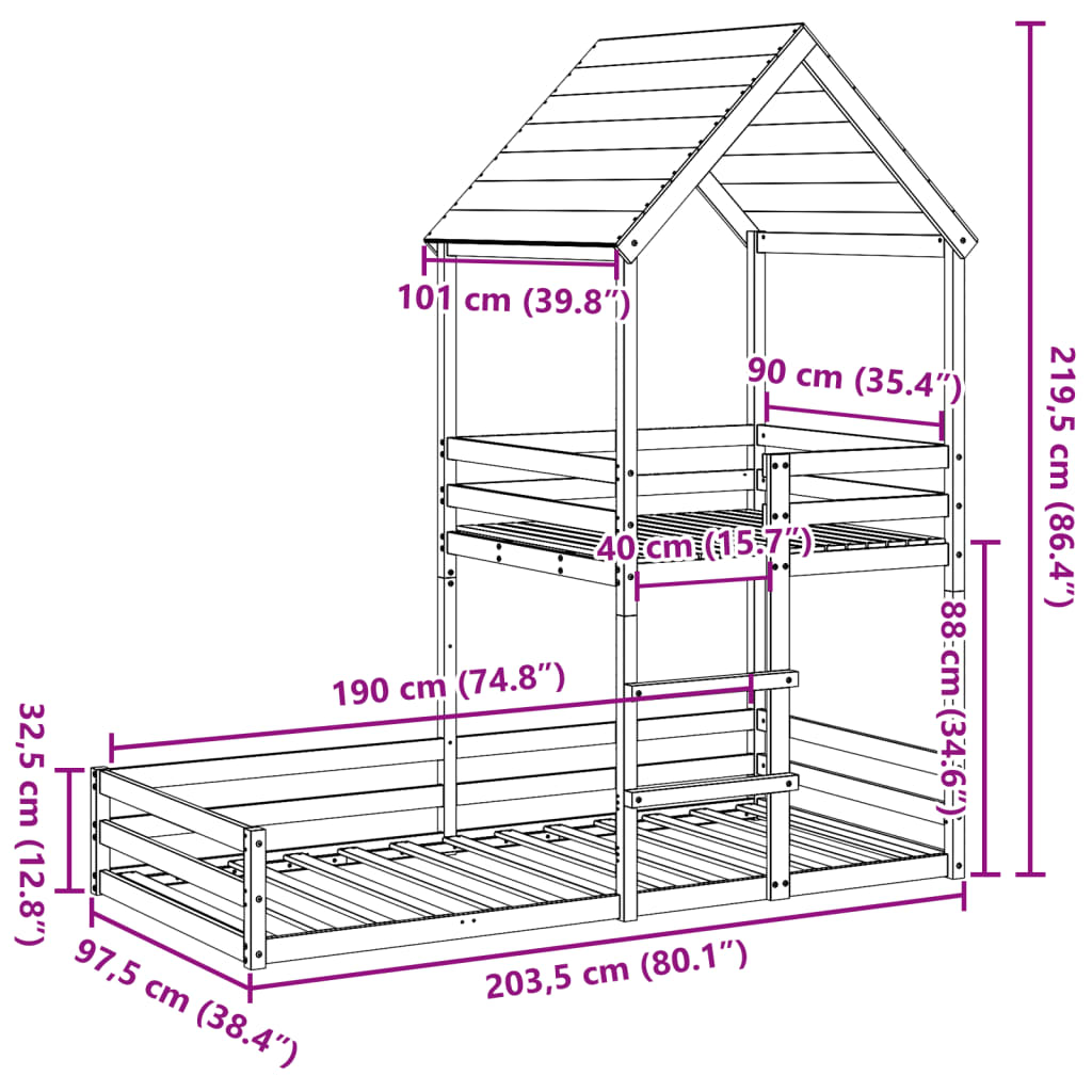 Våningssäng med tak vit 90x190 cm massiv furu