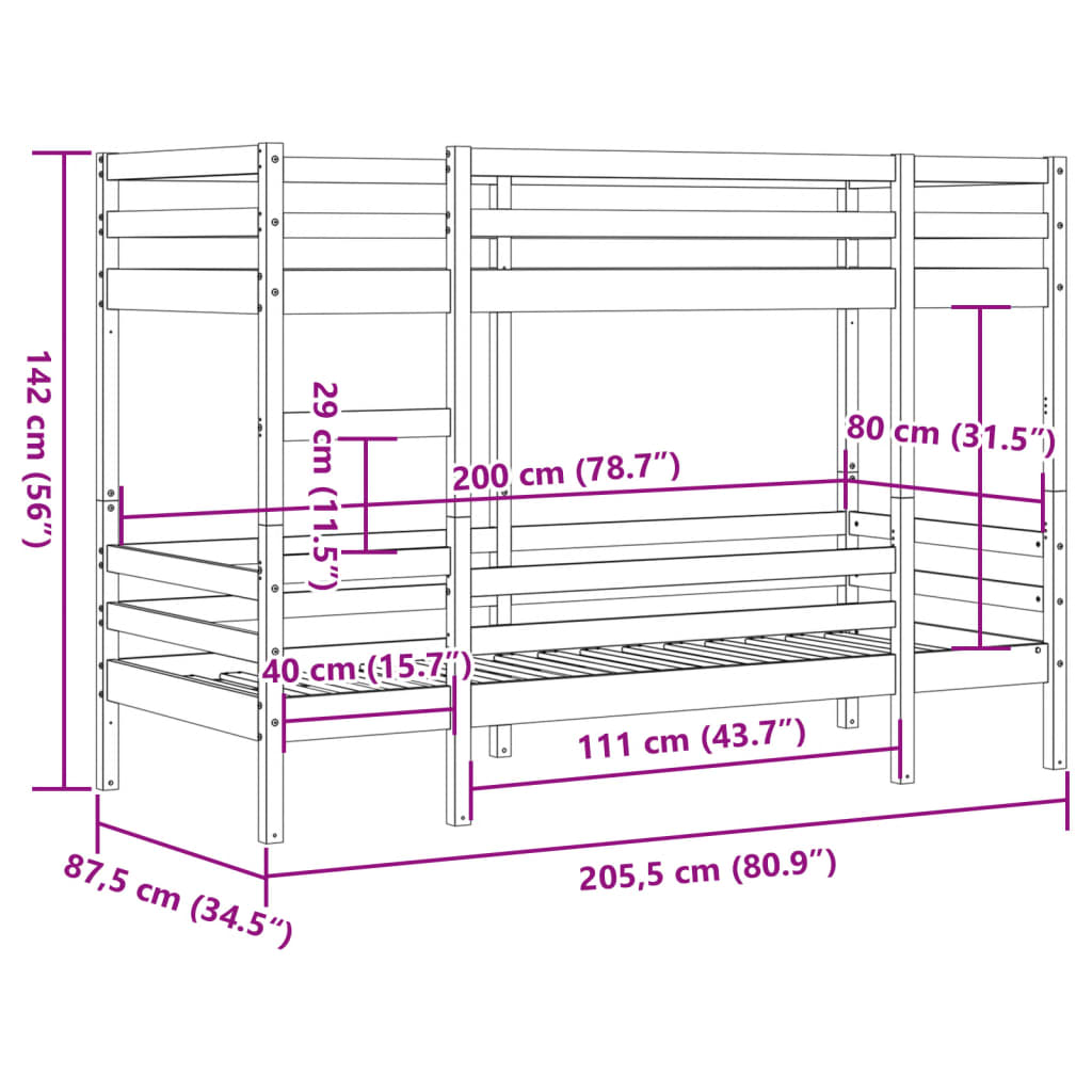 Våningssäng vaxad brun 80x200 cm massiv furu