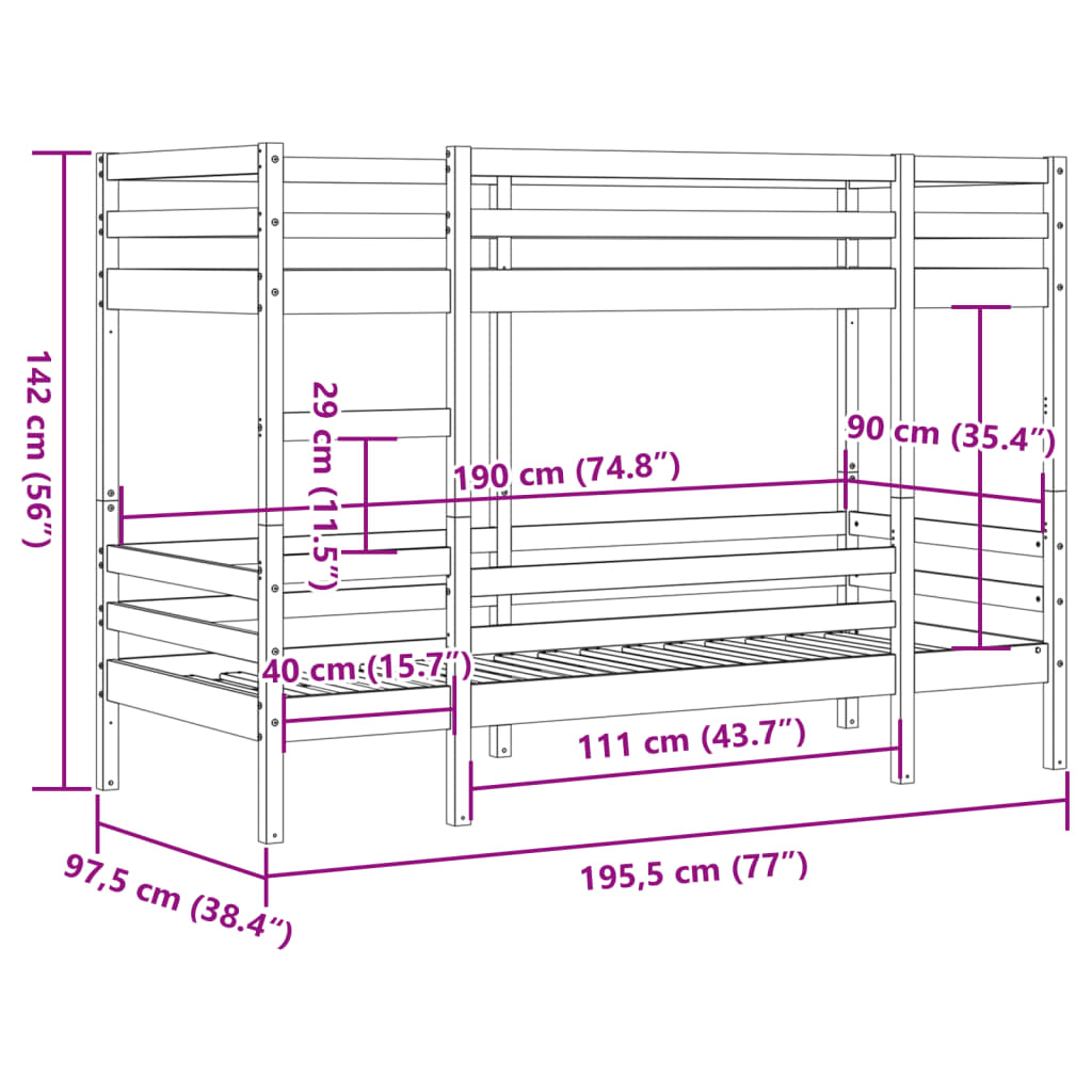 Våningssäng utan madrass 90x190 cm massiv furu