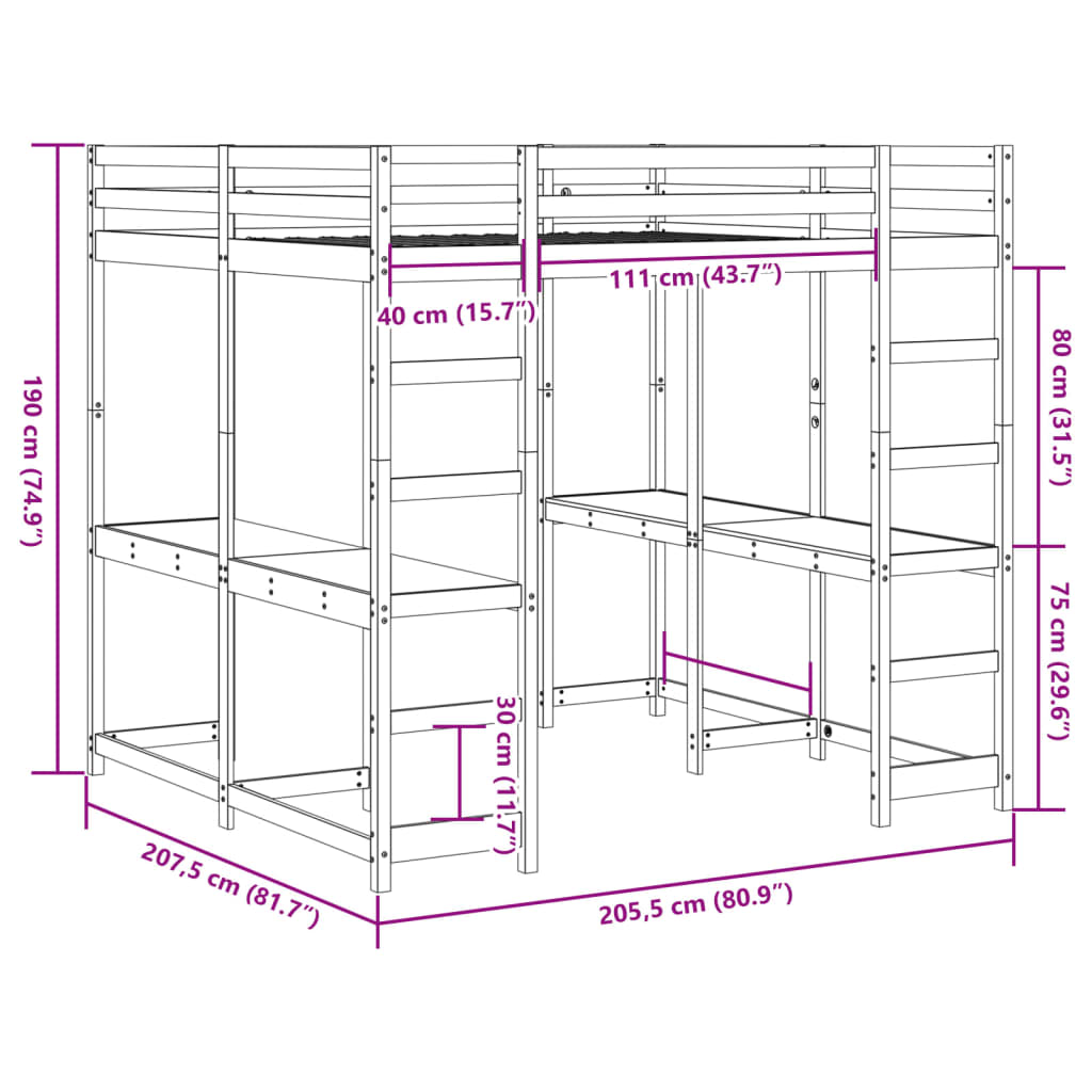 Våningssäng med skrivbord & stege vit 200x200 cm massiv furu