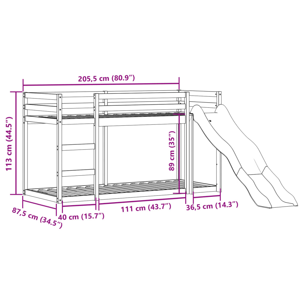 Våningssäng rutschkana&stege 80x200 cm massiv furu