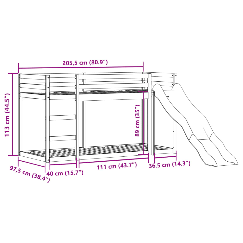 Våningssäng rutschkana&stege 90x200 cm massiv furu