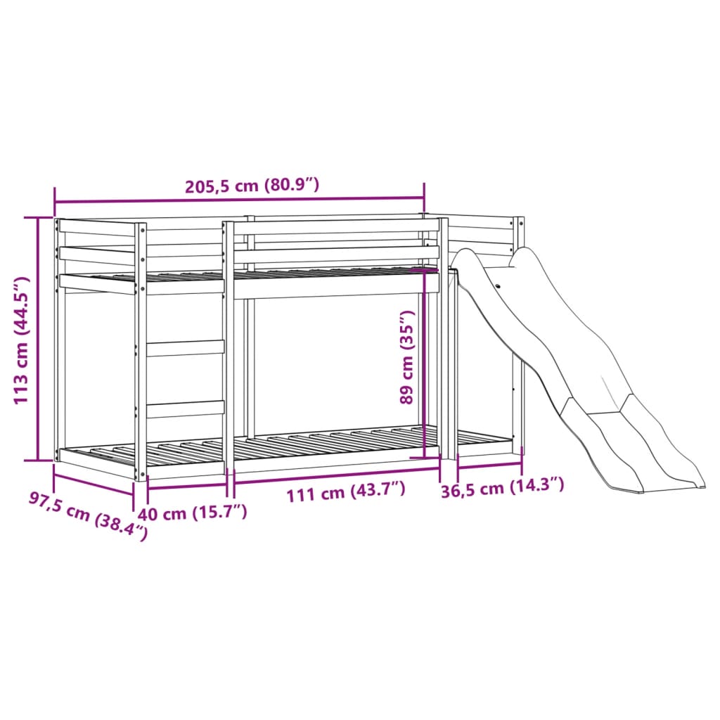 Våningssäng rutschkana&stege vit 90x200 cm massiv furu