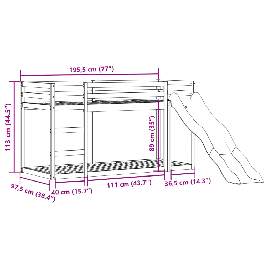 Våningssäng rutschkana&stege vit 90x190 cm massiv furu