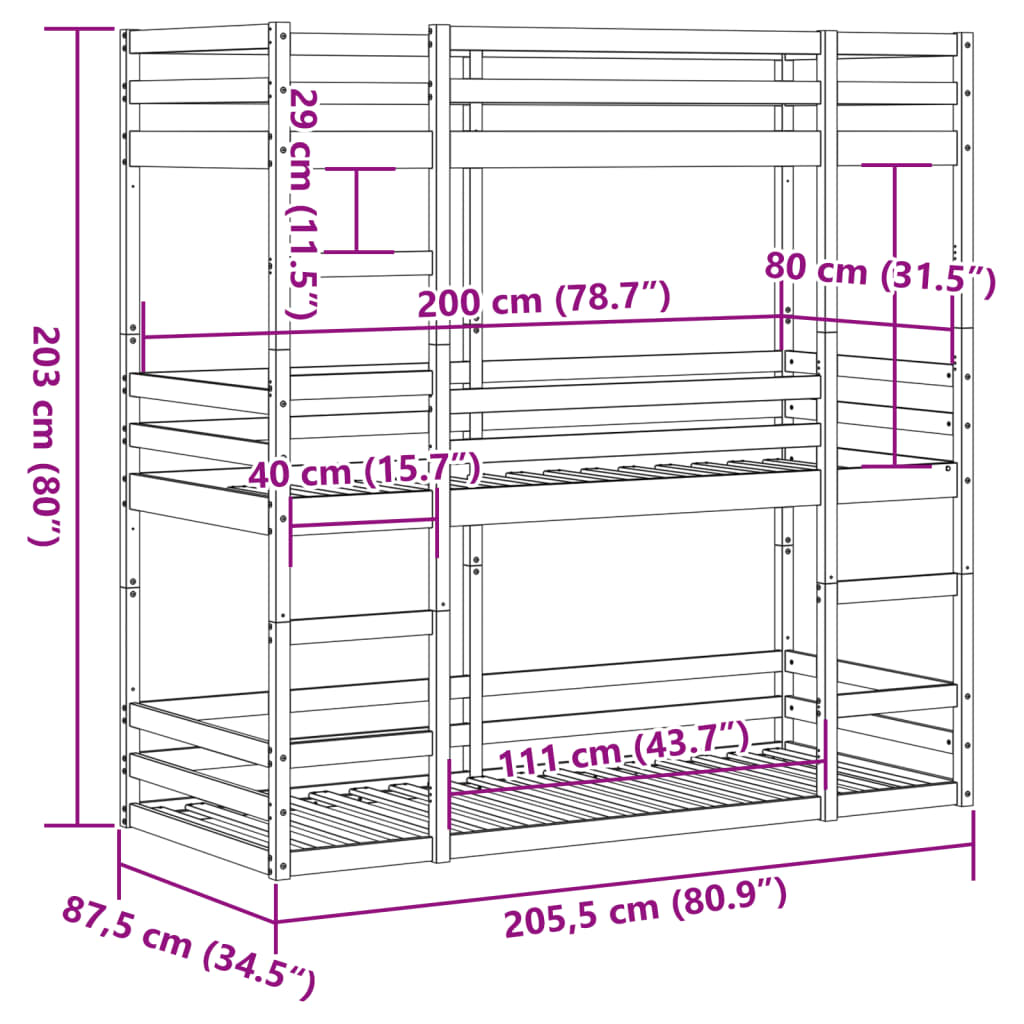 Våningssäng 3 våningar vit 80x200 cm massiv furu