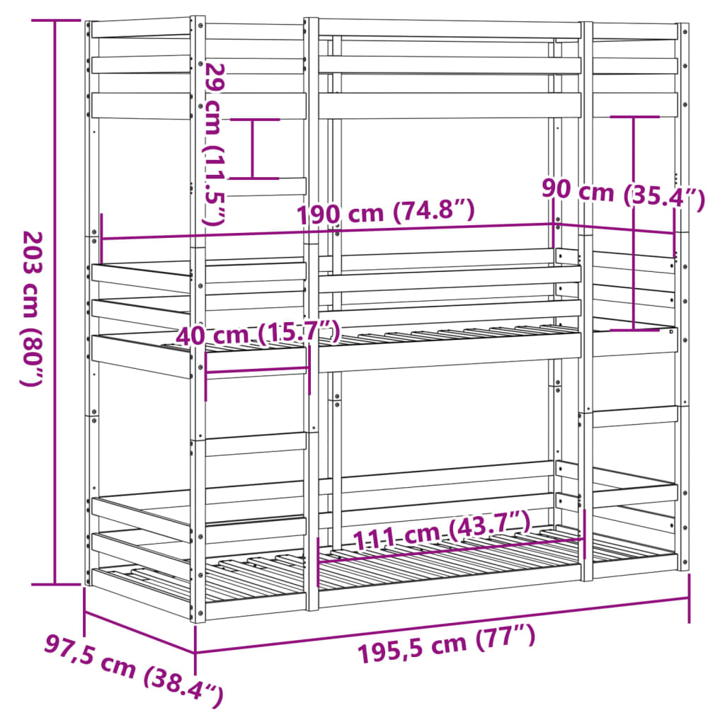 Våningssäng 3 våningar vit 90x190 cm massiv furu