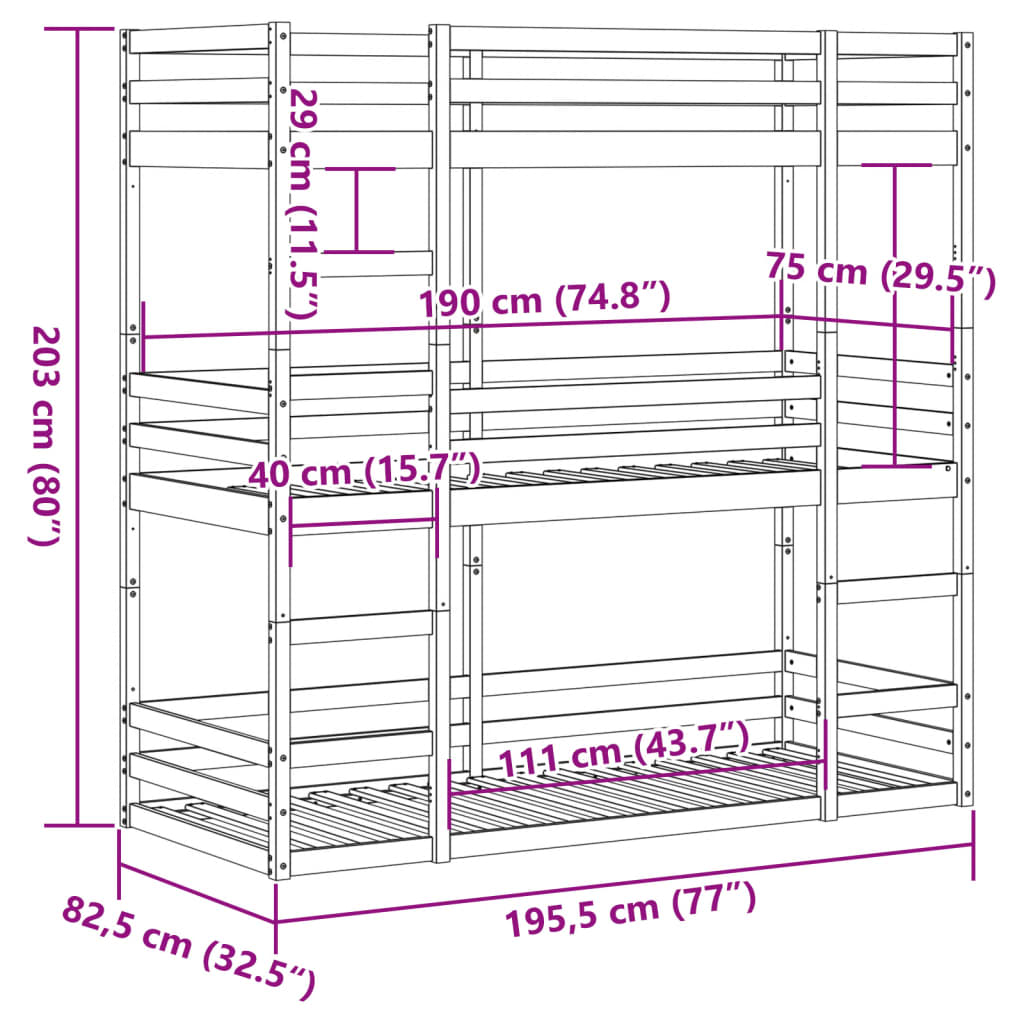 Våningssäng 3 våningar vit 75x190 cm massiv furu