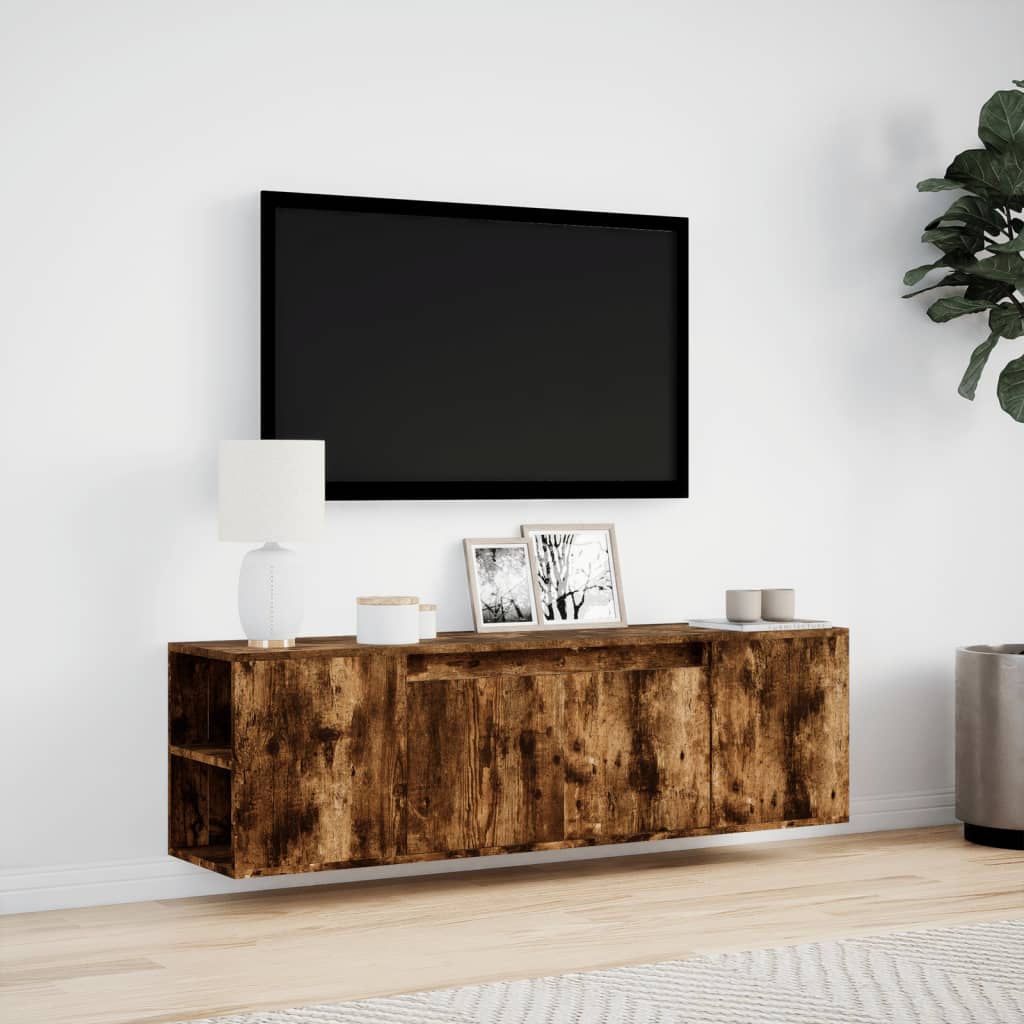 Väggmonterad tv-bänk LED rökfärgad ek 135x31x39,5 cm