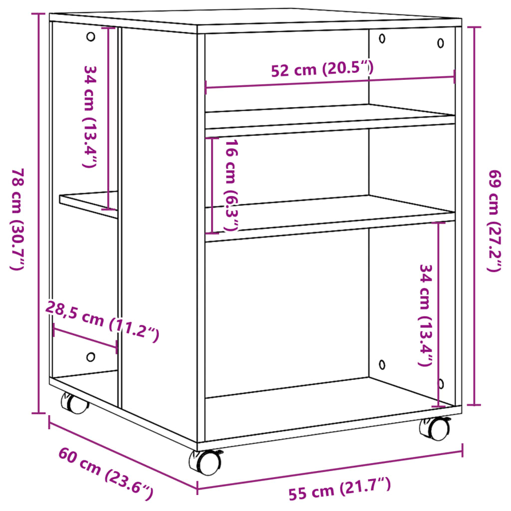 Sidobord med hjul vit 55x60x78 cm konstruerat trä