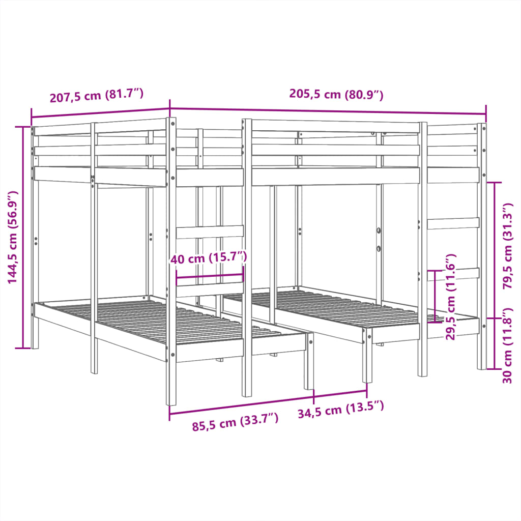 Våningssäng 3 platser vaxbrun 200x200/80x200 cm massiv furu