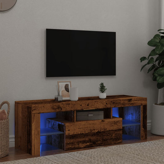 TV-bänk med LED-lampor åldrat trä 120x36,5x40cm konstruerat trä