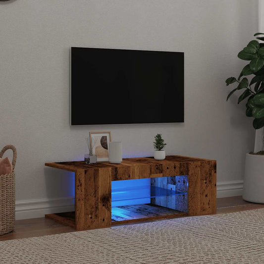 TV-bänk med LED-lampor åldrat trä 90x39x30 cm konstruerat trä