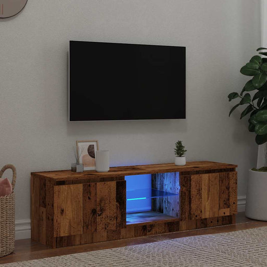 TV-bänk med LED-lampor åldrat trä 120x30x36 cm konstruerat trä