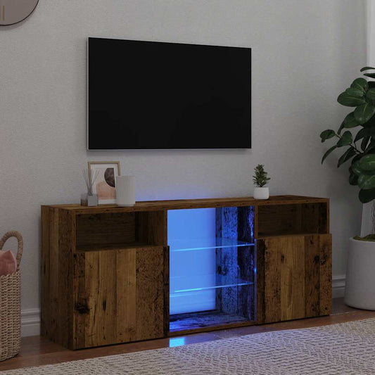 TV-bänk med LED-lampor åldrat trä 120x30x50 cm konstruerat trä