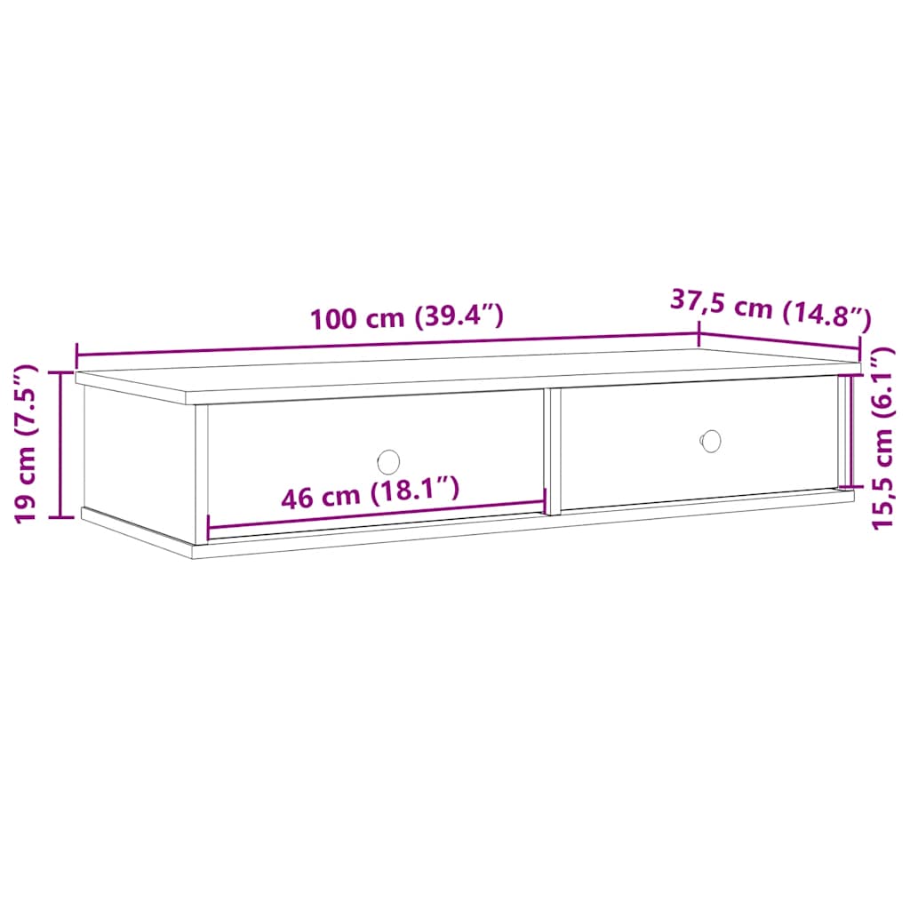 Vägghylla med lådor betonggrå 100x37,5x19 cm konstruerat trä