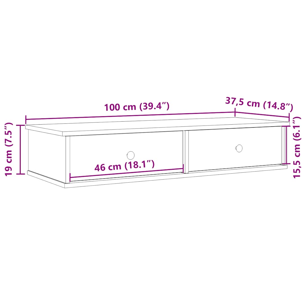 Vägghylla med lådor åldrat trä 100x37,5x19 cm konstruerat trä