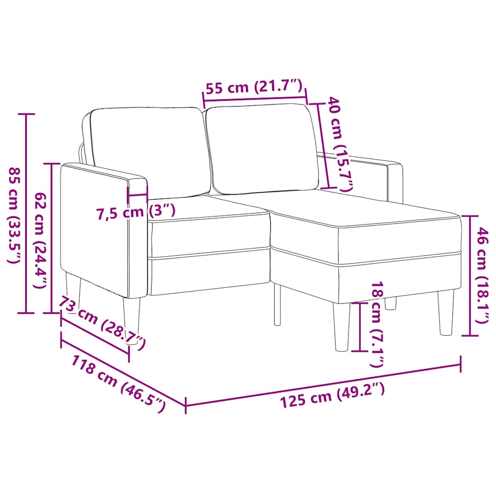 2-sitssoffa med schäslong L-formad svart 125 cm tyg